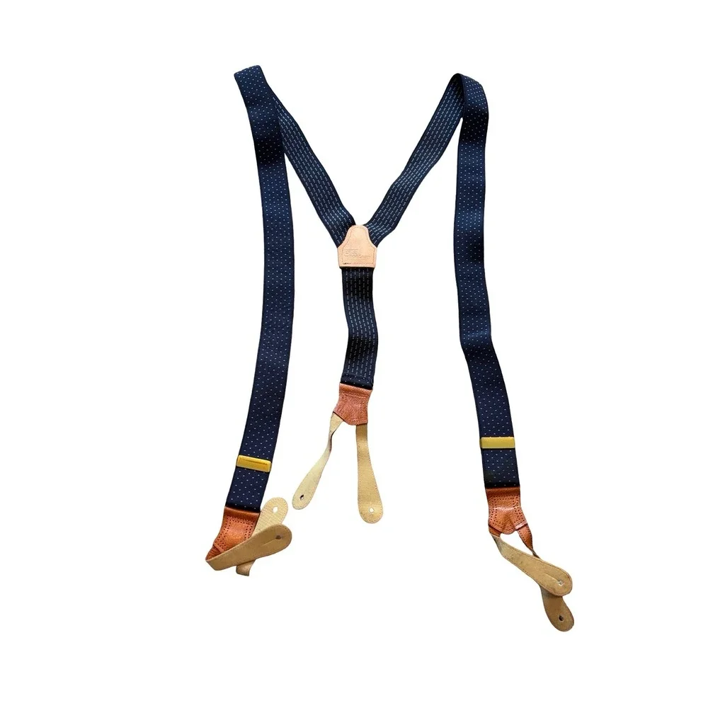 Polo Ralph Lauren Mens Suspenders Navy Blue Micro Dot Leather Button Braces USA
